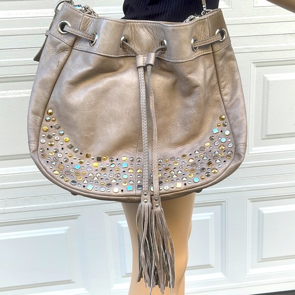Via Repubblica Italy Genuine Leather Taupe Greige
Handbag Silver Gold Studs Bag - Picture 5 of 14
